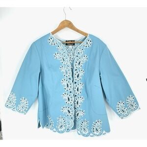 Bob Mackie Wearable Art XL Blue Jacket w Floral Cut Outs on Chest Back Sleeves